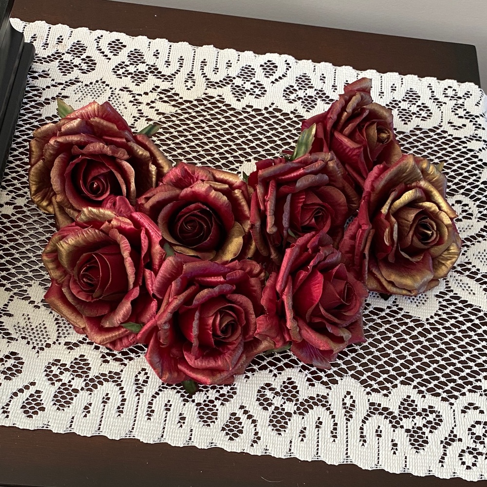 Decorative Burgundy and Gold Rose Clips (set of 8)